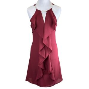 VENUS Burgundy Halter Ruffle Mini Dress Open Back Rhinestone Bar Accent XS 2